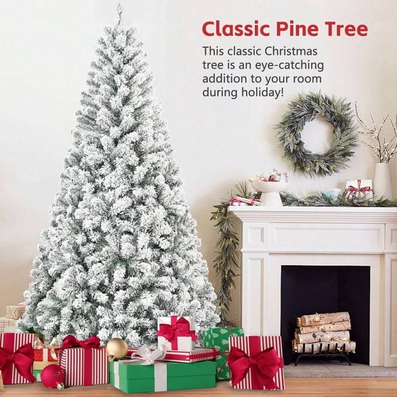 Round Head Snow Flocked Christmas Tree – 4ft/5ft/6ft/7ft Artificial Holiday Tree with Metal Stand,for Home Décor