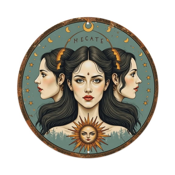 Round Hecate Triple Moon Goddess Aluminum Metal Sign, 8 Inch Vintage Pagan Wall Decor Plaque, Pre-Drilled for Easy Hanging