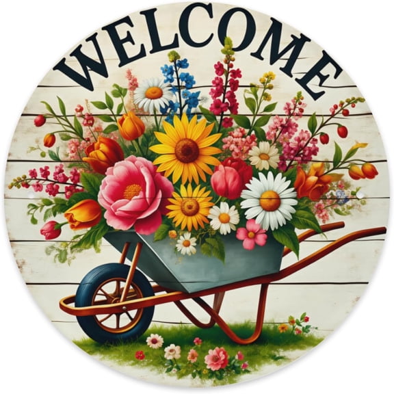 Round Hello Spring Welcome Sign, Floral Front Door and Wall Decor for Farmhouse Porch or Indoor Use, 8 x 8 Inches
