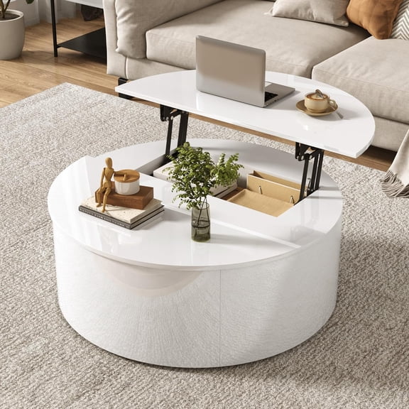 Round High Glossy Coffee Table with Storage,35" Large Lift Top Coffee Table for Living Room,Modern Black Living Room Tables,Center Tables for Dining Room,Bedroom Home Office(White)