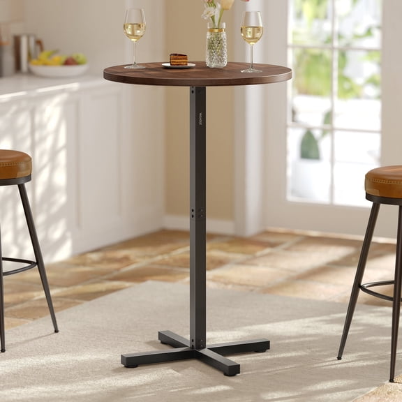 Round High-Top Cocktail Table for Small Spaces, 23.6 Inch Dia Bar Table with Cross Base and Adjustable Feet, Seats 2-3, 41.1" Height, Natural Walnut