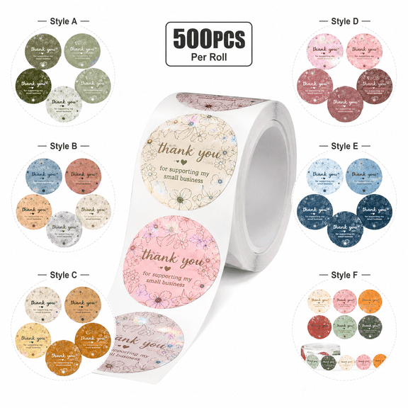Round Holographic Thermal Labels Style F, 1 Roll 500PCS Round Thank You Stickers for Small Business Baking Packaging