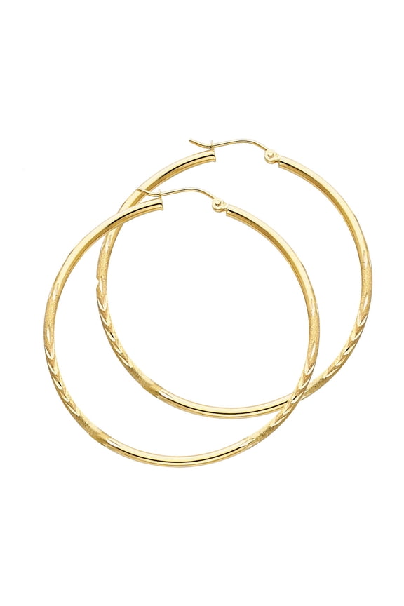 Round Hoop Earrings 14k Yellow Gold Diamond Cut Satin & Polished Finish Solid Genuine 45 x 2 mm