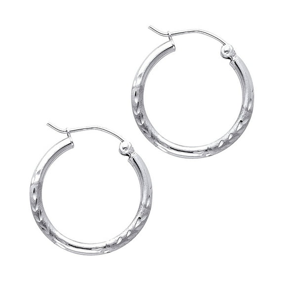 Round Hoop Earrings Solid 14k White Gold Diamond Cut French Lock Polished Genuine New 20 x 2 mm