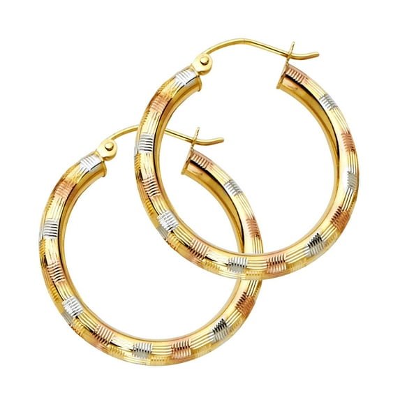 Round Hoop Earrings Solid 14k Yellow White Rose Gold Diamond Cut Polished Tri Color 25 x 25 mm