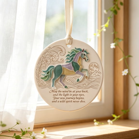 Round Horse Ornament with Inspirational Journey Quote, Sea Glass Style Acrylic Pendant with Moon & Wave Design, Keepsake for Graduation, New Beginnings & Travel Lovers