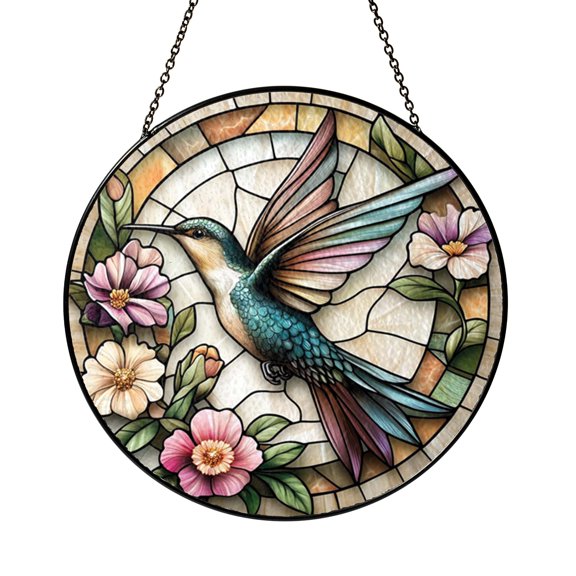 Round Hummingbird Stained Glass Window Suncatcher, Bright Garden Flower Design for Cheerful Home Accent