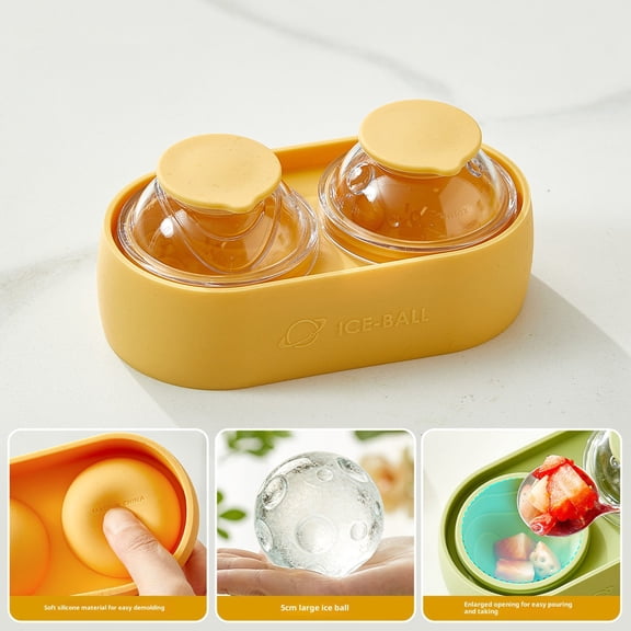 Round Ice Cube Mold, 2 Cavity Silicone Ice Ball Maker, Reusable Whiskey Ice Cubes Mold, Leak-Proof Sphere Ice Tray, Small Round Shaper for Home Bar Use, Ice Tray for Bourbon, 5.35×2.87 in,Yellow
