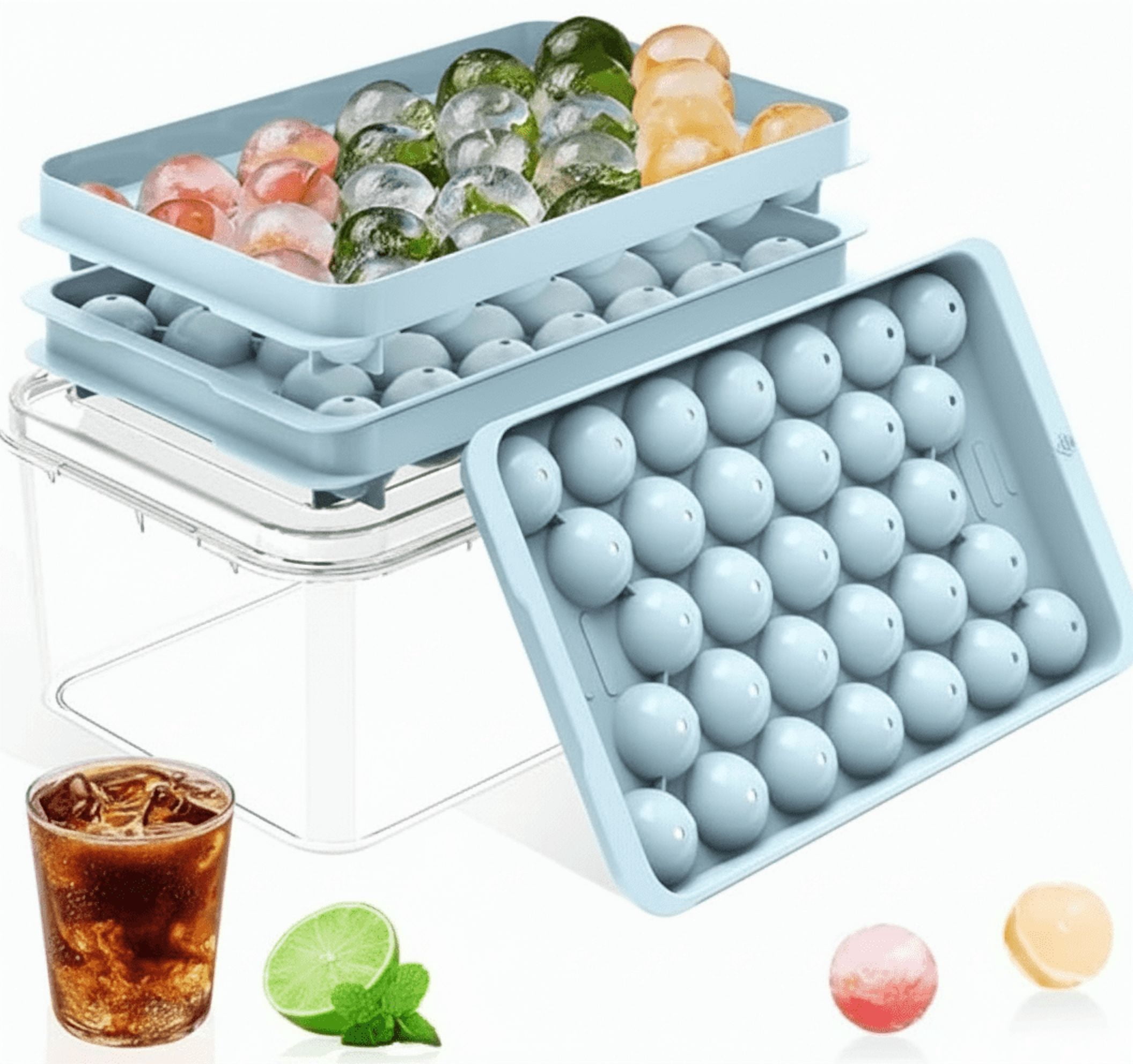 Round Ice Cube Tray with Lid and Bin – BPA-Free Food-Grade Silicone Mold, Stackable Ice Ball Maker for Freezer, Iced Bucket Kit for Cocktails, Whiskey, Coffee, Drinks, and Party Beverages