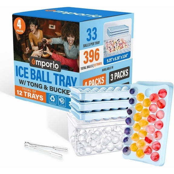 Round Ice Cube Tray with Lid and Bin – Creates 396 Ice Balls (1.1 Inch Size), Stackable Ice Cube Trays, Easy-Release Ice Balls for Drinks and Cocktails, Pack of 4 (12 Trays), Blue