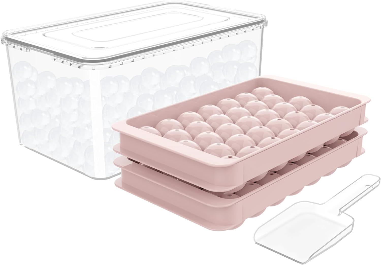 Round Ice Cube Tray with Lid & Bin Ice Ball Maker Mold for Freezer with Container Mini Circle Ice Cube Tray Making 66PCS Sphere Chilling Cocktail Whiskey Tea Coffee (2 Trays 1 Ice Bucket & Scoop)