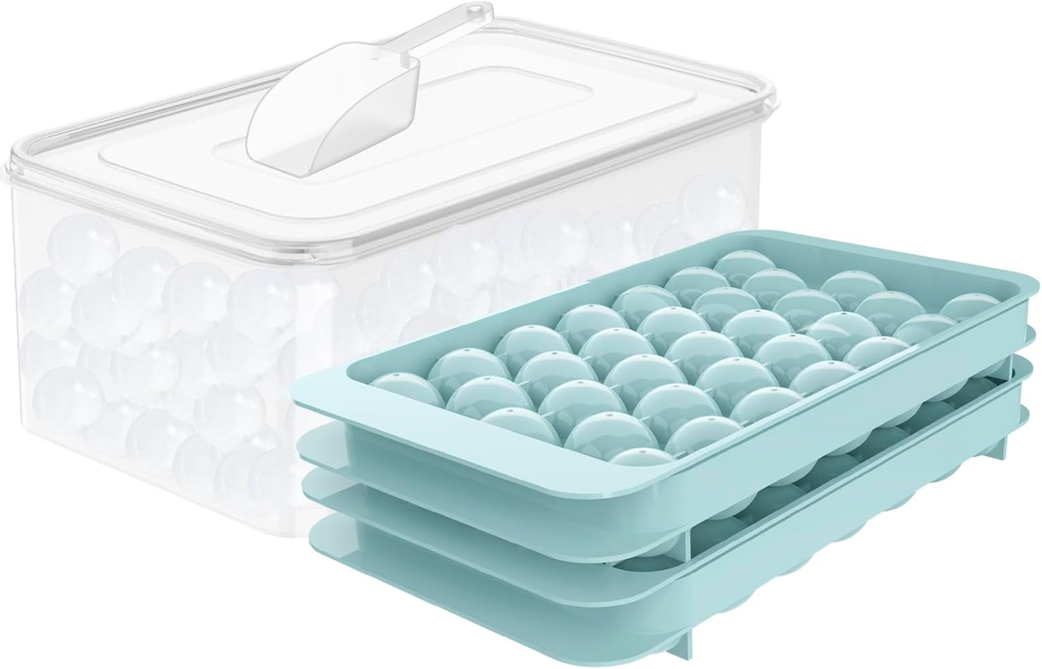 Round Ice Cube Tray with Lid & Bin Ice Ball Maker Mold for Freezer with Container Mini Circle Ice Cube Tray Making 66PCS Sphere Chilling Cocktail Whiskey Tea Coffee (2 Trays 1 Ice Bucket & Scoop)