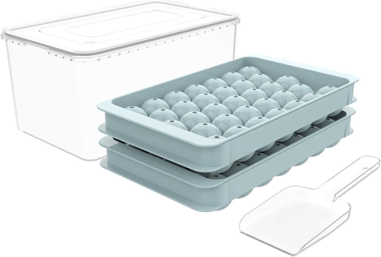 Round Ice Cube Tray with Lid & Bin Ice Ball Maker Mold for Freezer with Container Mini Circle Ice Cube Tray Making 66x0.8in Sphere Ice Chilling Cocktail Whiskey Tea Coffee 2 Trays 1 ice Bucket & Scoop