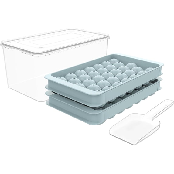 Round Ice Cube Tray with Lid & Bin Ice Ball Maker Mold for Freezer with Container Mini Circle Ice Cube Tray Making 66x0.8in Sphere Ice Chilling Cocktail Whiskey Tea Coffee 2 Trays 1 ice Bucket & Scoop