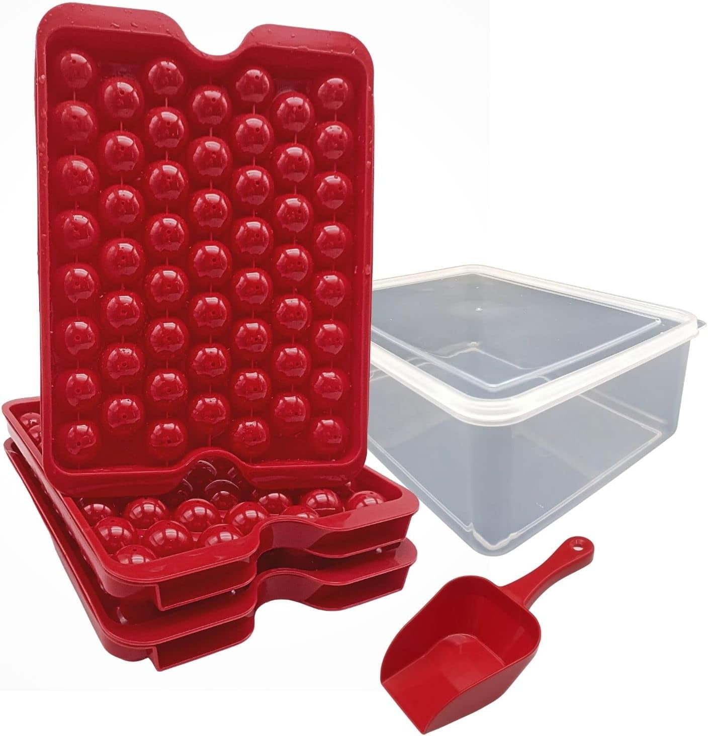 Round Ice Cube Tray with Lid Storage Bin for Freezer, Ice Cube Tray Easy Release, 106 Round Ice Cube Mold BPA Free, Ice Cube Tray with Container Scoop Flexible and durableIce Trays 5 piecesset Red