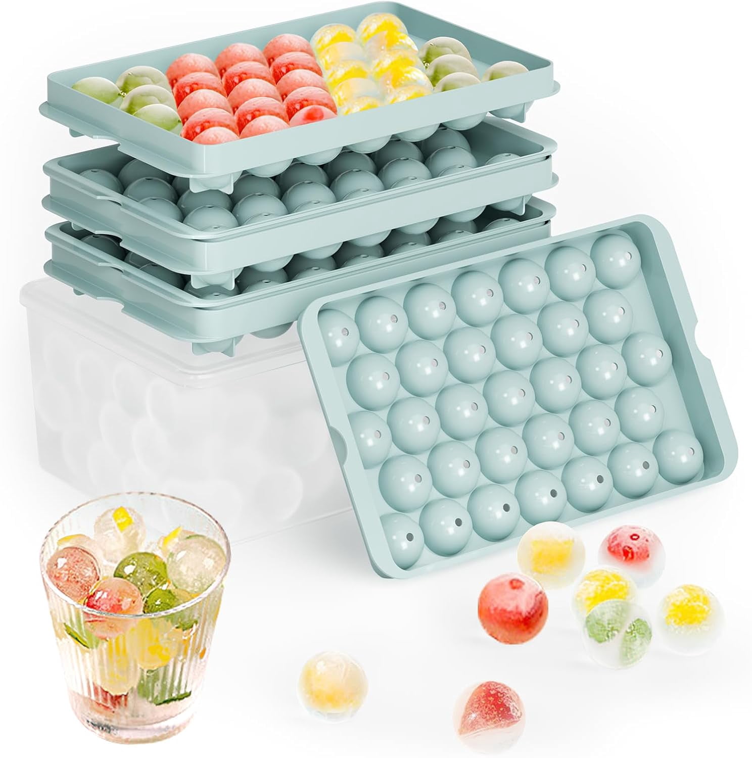 Round Ice Cube Trays for Freezer with Lid and Bin - 3 Stackable Trays Small Circle Ice Maker Molds, 99pcs Round Ice Balls for Chilling Whiskey, Cocktails, Coffee - Easy-Release Sphere Ice Tray