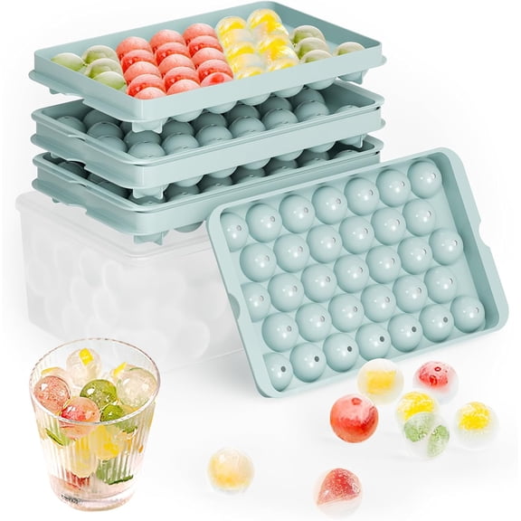 Round Ice Cube Trays with Lid and Bin - 3 Stackable Trays Small Circle Ice Maker Molds for Freezer, 99pcs Round Ice Balls for Chilling Whiskey, Cocktails, Coffee - Easy-Release Sphere Ice Tray