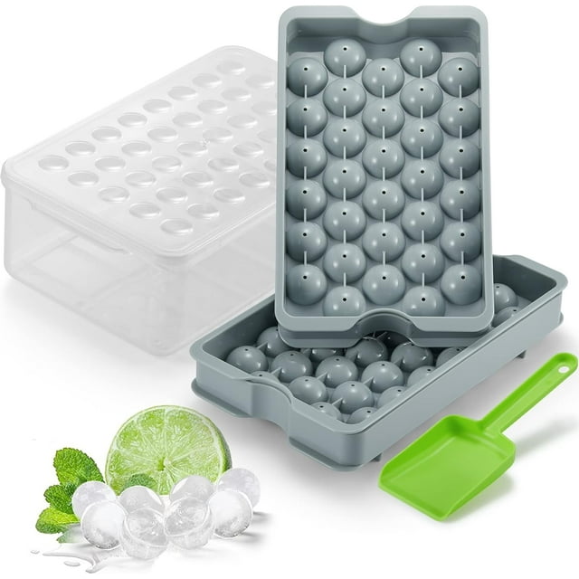 Round Ice Cube Trays with Lid & Bin 64 Small Sphere Ice Ball Maker Mold Effortless Filling