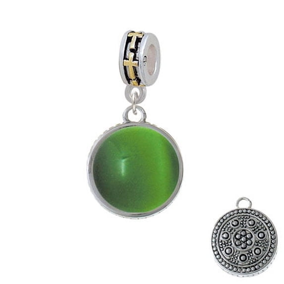 Round - Imitation Cat's Eye - Green - Gold Tone Cross Charm Bead