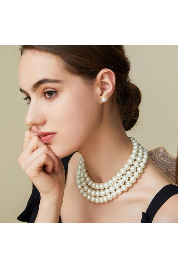Round Imitation Pearl Necklace Vintage Multi Strands Necklace 20S Flapper Necklace For Party[o6493]