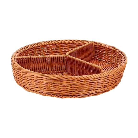 Round Imitation Rattan Serving Tray with 3 Compartment,Handwoven Wicker Storage Basket,Boho Farm Decor,Snack Nut Fruit Organizer, Kitchen Dining Table Party Decorative Storage Platter
