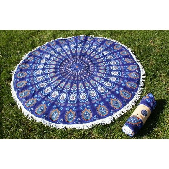 Round Indian Mandala Beach Towels Blanket Yoga Picnic Mat Thick Terry Cotton with Fringe Tassels