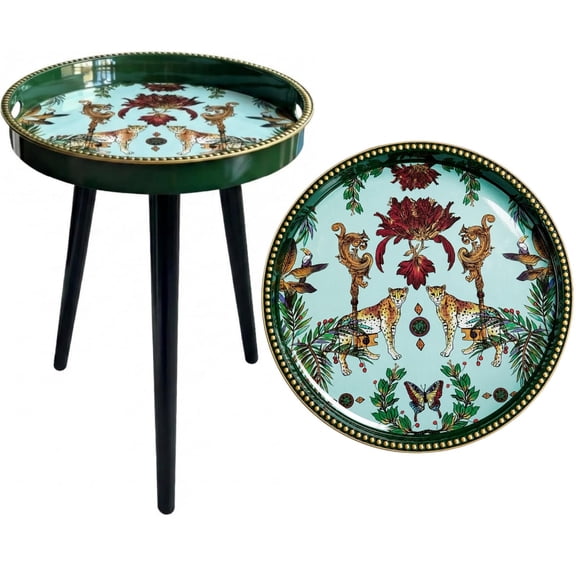 Round Indoor Side Table With Detachable Wooden Legs, 33 Green Leopard Ornate Tray Top, 17.7 Inch