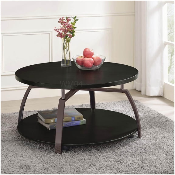 Round Industrial Coffee Table on Casters, Dark Grey Wood and Black Metal