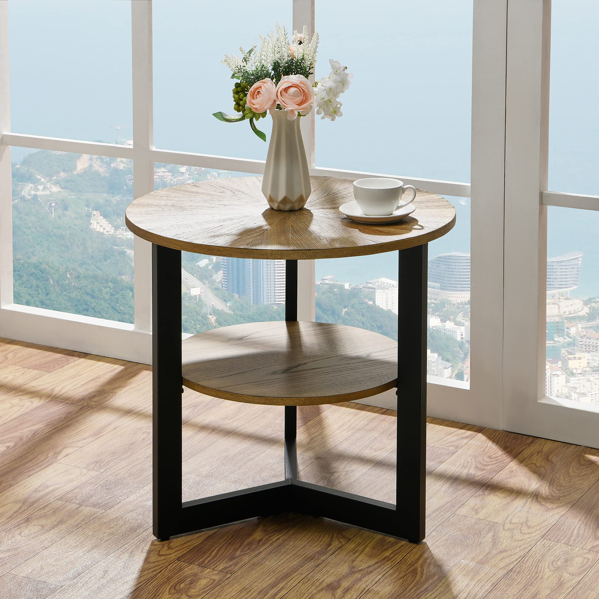 Round Industrial End Table, 2Tier 25" Metal Frame Round Accent Side