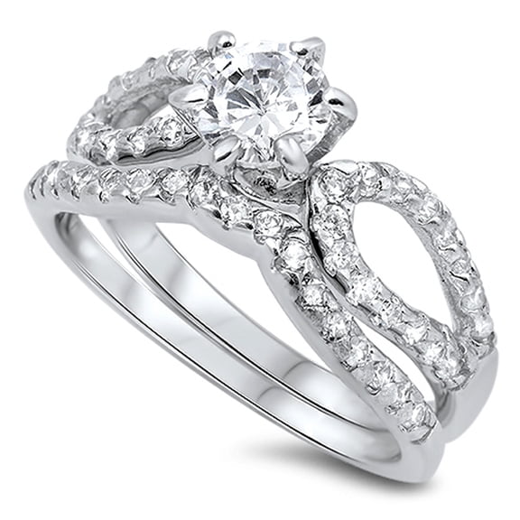 Round Infinity Wave Clear CZ Wedding Ring Set Sterling Silver Band White 925 Female Size 6