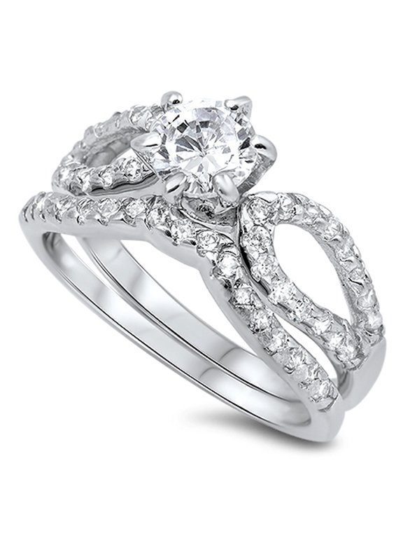 Round Infinity Wave Clear CZ Wedding Ring Set Sterling Silver Band White 925 Female Size 6