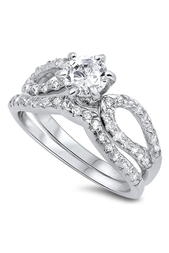 Round Infinity Wave Clear CZ Wedding Ring Set Sterling Silver Band White 925 Female Size 6
