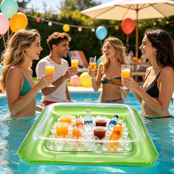 Round Inflatable Beverage Cooler with Built-in Cup Holders and Durable PVC Material, Floating Drink Tray for Pool, Beach, and Summer Party Entertainment.