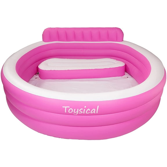 Round Inflatable Pool with Air Pump 88 x 85 x 21 Above Ground Pool with Backrest and Built in Bench, Swimming Pools for Kids and Adults and The Entire Family - Includes Patches - TOYSICAL