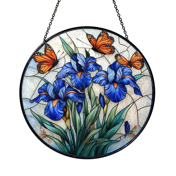 Round Iris Butterfly Suncatcher, Stained Glass Style Floral Window Panel, Nature Inspired Decorative Home Gift