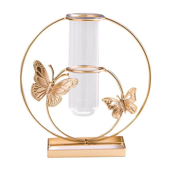 Gold Flower Vase for Home Decor, Circle Wire Frame and Pedestal with Glass Plant Test Tube, Unique Trendy Boho Metal Vase for Living Room Wedding Centerpieces