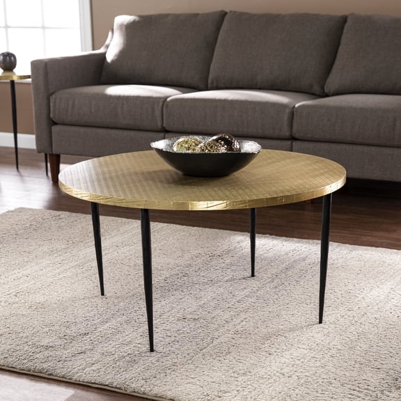 Round Iron Living Room Table - Black With Surface, Industrial Style Cocktail Table, 34"x34"x18.04", 31.57 Lb Brass Open Area Modern Style,