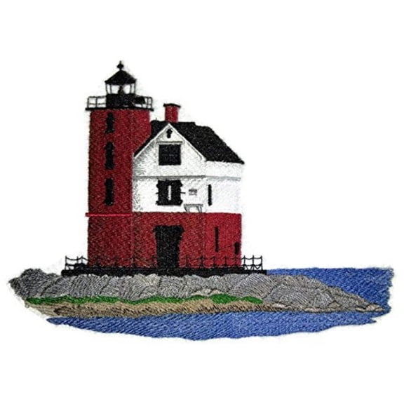 Round Island Lighthouse Michigan Embroidered Iron on/Sew Patch [7.82" X 5.85"]