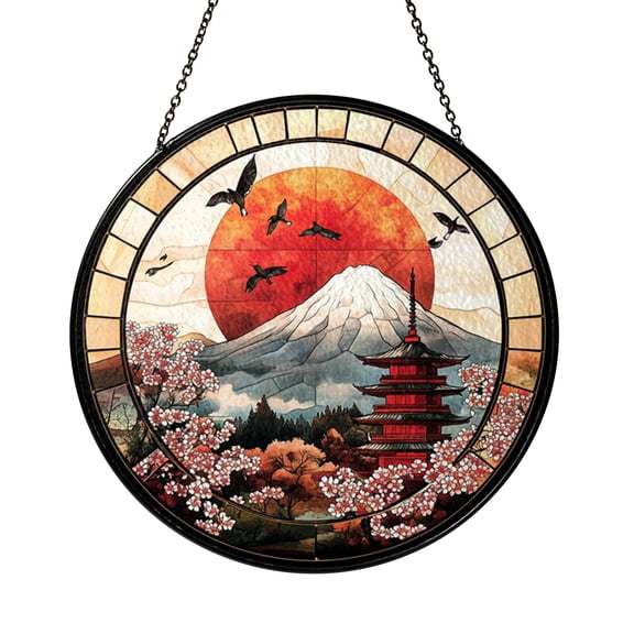 Round Japanese Landscape Stained Glass Window Suncatcher, Pagoda and Cherry Blossom Design, Elegant Zen Home Accent