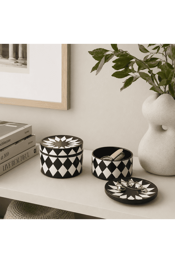 Round Jewelry Storage Box with Lid, Black White Decorative Trinket Box, Small Organizer for Rings Earrings Bracelets Watch and Keepsakes, Vanity Dresser Décor