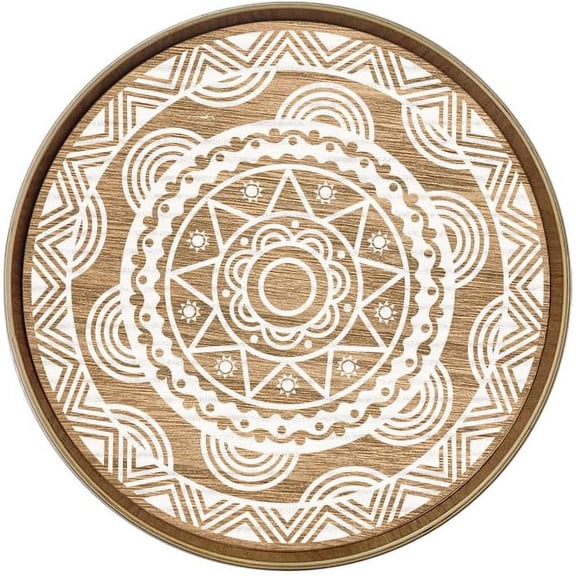 Round Jewelry Wood Tray 11.8 Inch Sun Geometric Wooden Pallet Vintage Printed Circle Tray Farmhouse Centerpiece Decorative Tray for Thanksgiving Day Christmas Mixed Color