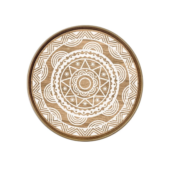 Round Jewelry Wood Tray 11.8 Inch Sun Geometric Wooden Pallet Vintage Printed Circle Tray Farmhouse Centerpiece Decorative Tray
