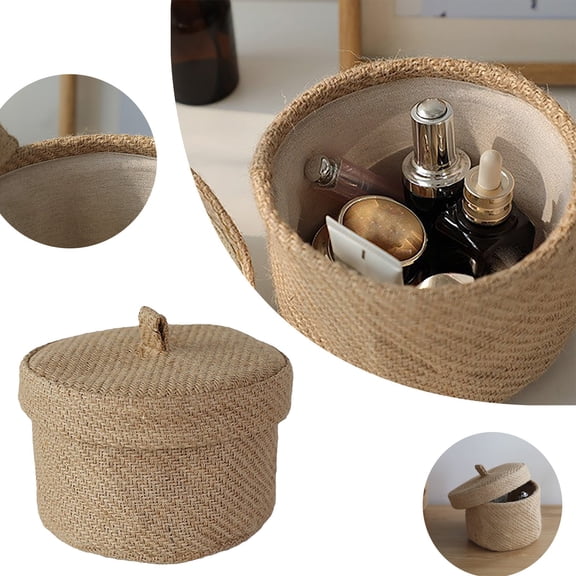 Round Jute Lidded Storage Box, Natural Woven Desktop Organizer, Rustic Small Storage Bin for Cosmetics, Jewelry, Sewing Supplies, Keys & Tabletop Home Decor 6.3*4.73 Inch