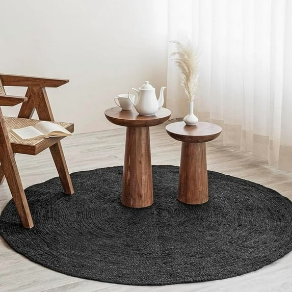 Round Jute Rug, Handwoven Braided Natural Beige Eco Friendly Farmhouse Carpet , Rustic Reversible Boho Area Rug for Living Room, Bedroom, Kitchen, Dining, Black, 4 FT
