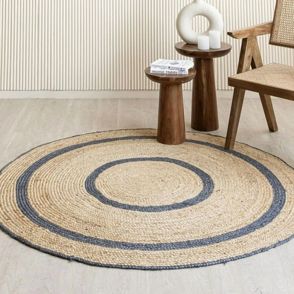 Rustic Boho Jute Round Rug, Handmade Braided Farmhouse Eco-Friendly Mat, Natural & Grey, 3 FT