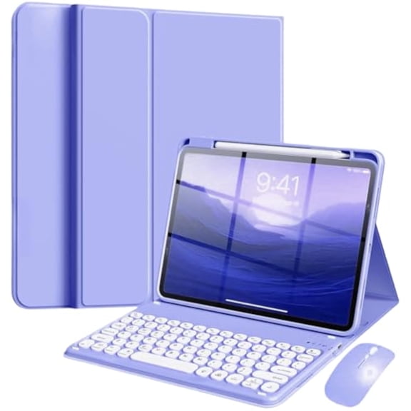 Round Key Magnetic Detachable Keyboard Cover with Mouse & Apple Pencil Slot for iPad Air 13 M2/M3/M4 / iPad Pro 12.9", Slim Folio Case,Light Purple
