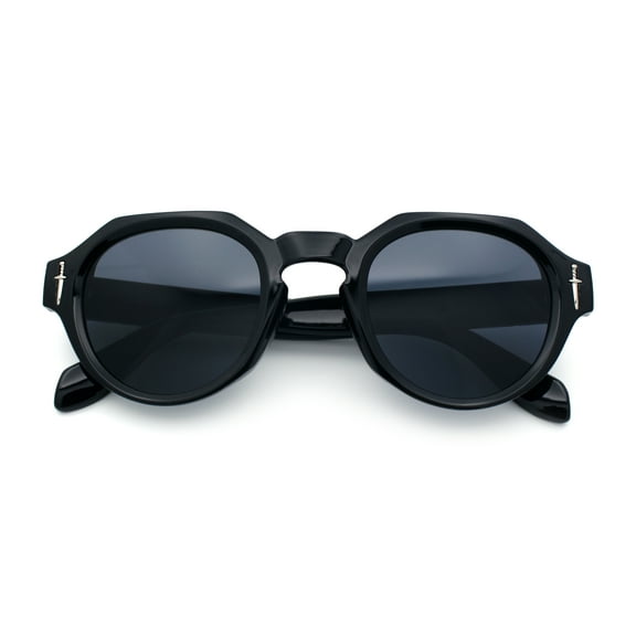 Round Keyhole Bridge Vintage Horn Rim Dagger and Shield Logo Sunglasses All Black