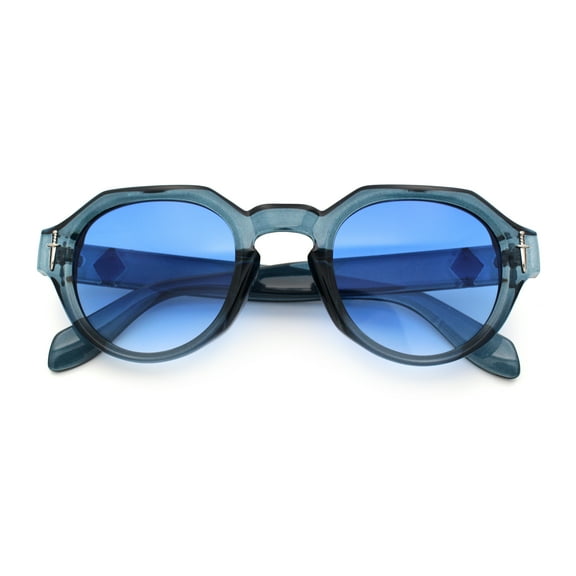 Round Keyhole Bridge Vintage Horn Rim Dagger and Shield Logo Sunglasses All Blue