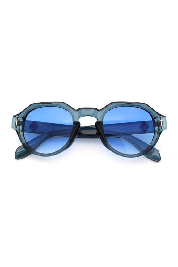 Round Keyhole Bridge Vintage Horn Rim Dagger and Shield Logo Sunglasses All Blue