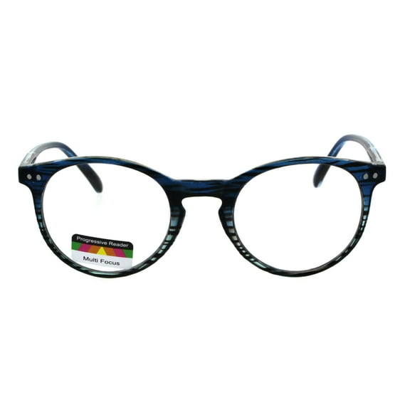 Round Keyhole Thin Plastic Horn Rim Tri-focal Progressive Reader Eyeglasses Blue Teal Stripe 2.5